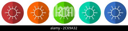 Virus Icon Set, Coronavirus, covid-19, Infektion, rot, blau, grün und orange flaches Design Web-Tasten isoliert auf weißem Hintergrund, Vektor illustratio Stock Vektor