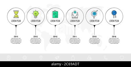 Infografik Kreise mit 6 Schritten, Pfeile. Vorlage für Linienvektoren. Kann für Diagramm, Geschäft, Web, Workflow-Layout, Präsentationen, Flussdiagramm verwendet werden Stock Vektor