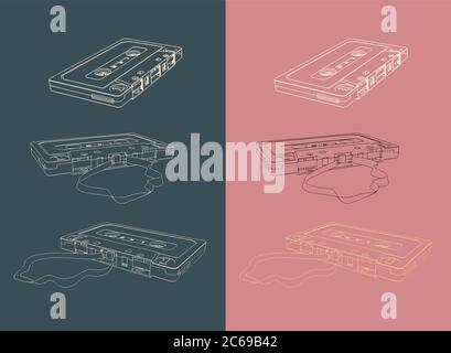 Vektordarstellung von Retro-Magnetband und Kassetten in verschiedenen Winkeln Stock Vektor