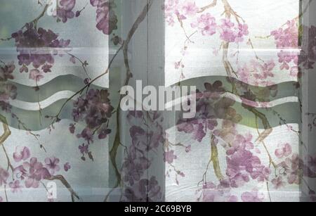 Ein Fenster mit violetten Blumenvorhängen im späten Abendlicht Stockfoto