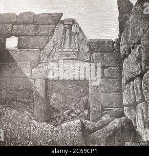 Das Löwentor der Akropolis von Mykene. Gravur des 19. Jahrhunderts. Das Löwentor war der Haupteingang der bronzezeitlichen Zitadelle von Mycenae, Südgriechenland. Stockfoto