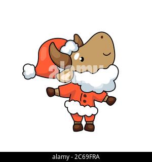 Cute OX Cartoon-Figur als Weihnachtsmann. 2021 Jahre Mondzeichen Tierkreis. Chinesisches Neujahr des Ochsen. Kuh Vektor-Illustration auf weißem Hintergrund. Freundlich Stock Vektor