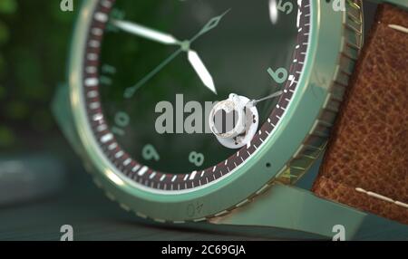 Armbanduhr Nahaufnahme mit den Zeigern der Uhr um sieben Uhr morgens und eine Tasse Kaffee auf dem Zifferblatt. Kreative konzeptionelle Illustration. 3D-Rendering. Stockfoto