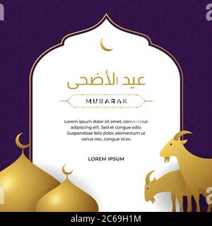 Happy Eid Al Adha das Opfer von Schafen, Ziegen, Kühe, Kamel Vieh Tier. muslim qurban Urlaub Poster Hintergrund Vektor-Illustration. Arabisch: Eid Stock Vektor