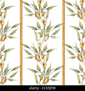 Nahtlos gestimmtes Blumenmuster mit grünen und goldenen Blättern Stockfoto