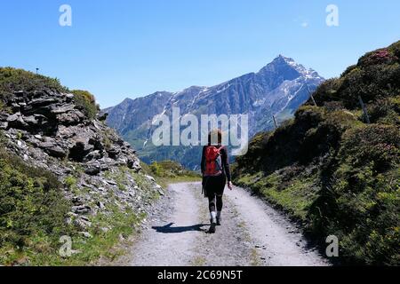 Wanderer auf dem Bischolpass; Naturpark Beverin, Kanton Graubünden, Schweiz. Stockfoto