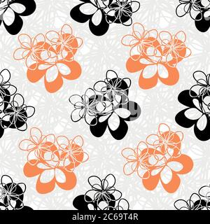 Moderne Vektor schwarz und orange Blumen nahtlose Vektor-Muster Hintergrund. Handgezeichnete Silhouetten mit Blumenmuster auf einem leicht strukturierten Hintergrund Stock Vektor