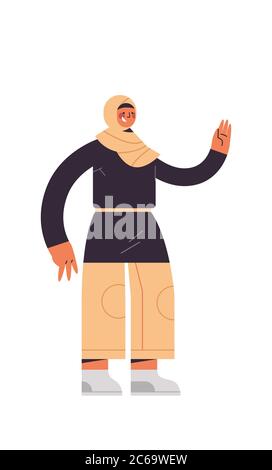 arabische Frau in traditionellen Kleidern arabische Geschäftsfrau zeigt Hand auf etwas weibliche Cartoon-Charakter stehend Pose voller Länge isoliert vertikalen Vektor Illustration Stock Vektor