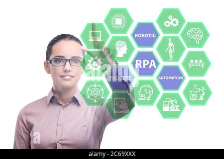 Geschäftsfrau drückt Tasten im RPA-Konzept Stockfoto