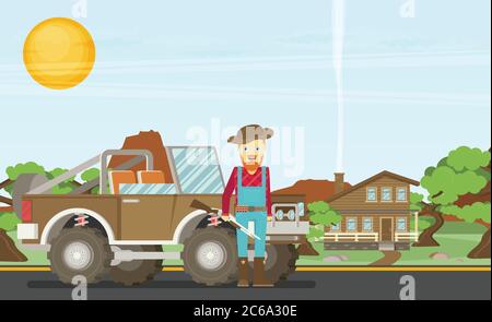 Cartoon Jäger mit Pistole. Rothals. Auto. Naturlandschaft Stock Vektor