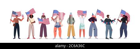 Mix Rennen Menschen in festlichen Hüten halten usa Flaggen feiern 4. Juli amerikanischen Unabhängigkeitstag Konzept voller Länge isoliert horizontalen Vektor-Illustration Stock Vektor