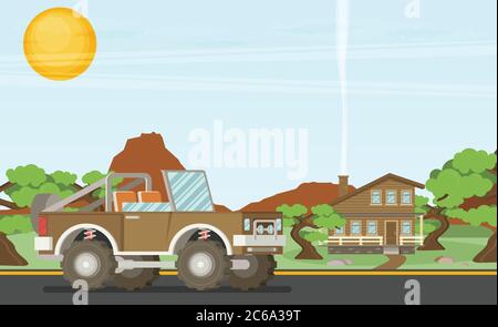 Pickup Offroad-LKW im Hintergrund der Landschaft. Vektorgrafik Stock Vektor