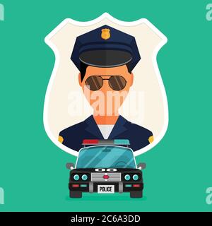 Polizist mit Auto Avatar Illustration. Trendige Polizist-Ikone im flachen Stil. Stock Vektor