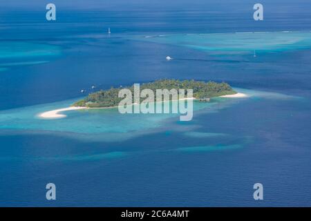 Luftbild des wunderschönen Paradieses Malediven tropische Lagune mit Korallenriff Strand auf der Insel. Sommer- und Reiseurlaubskonzept.Blick vom Wasserflugzeug Stockfoto