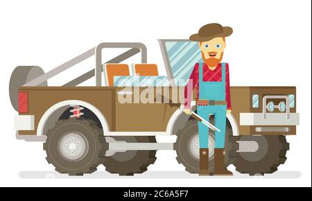 Cartoon Jäger mit Pistole. Rothals. Auto. Isoliert auf weißem Hintergrund Stock Vektor