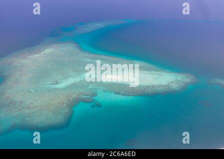 Blick auf das Great Barrier Reef Blue Sea. Wunderschönes türkisfarbenes Wasser mit Korallenriff-Mustern im Meer. Luftaufnahme, Meereslandschaft Stockfoto