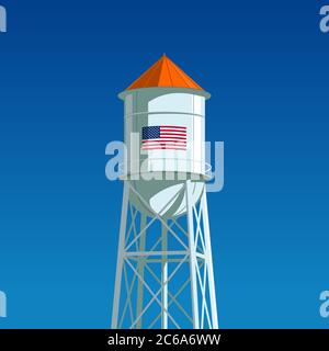 Ein Wasserturm mit der US-Flagge auf ihm. Minimalistische Komposition mit dem klaren blauen Himmel im Hintergrund, Vektorgrafik Stockfoto
