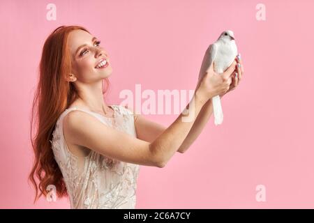 Charmante Dame mit Auburn Haar halten weiße Taube in Händen isoliert über rosa Hintergrund, junge Frau trägt weiße Hochzeitskleid. Hochformat Stockfoto