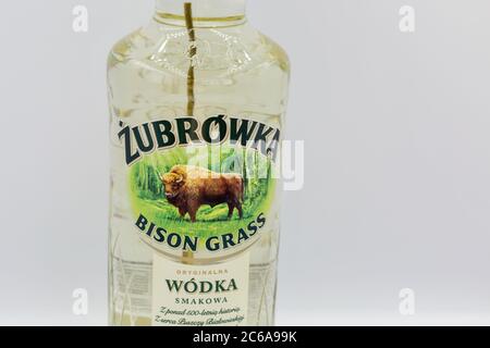 KIEW, UKRAINE - 06. JUNI 2020: Zubrowka Bison Grass Vodka Flasche Nahaufnahme vor weißem Hintergrund. Es ist ein aromatisierter polnischer Wodka Likör, der contai Stockfoto