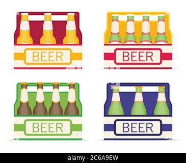 Pack von Bierflaschen flacher Stil Icon-Set. Vektorgrafik. Stock Vektor