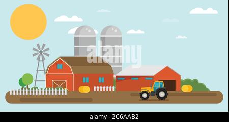 Grafik für flache Vektorgrafiken. Bauernhof, ländliche Landschaft, Vektor-Hintergrund. Stock Vektor