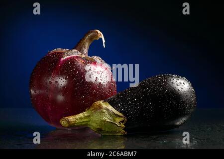 Zwei Auberginen mit Wassertropfen auf dunkelblauem oder schwarzem Hintergrund, aufgenommen im Studio Stockfoto