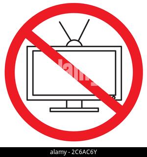 Verbotsschild. TV ist verboten. Schwarze Umrisszeichnung. Roter Kreis. Vektor Stock Vektor