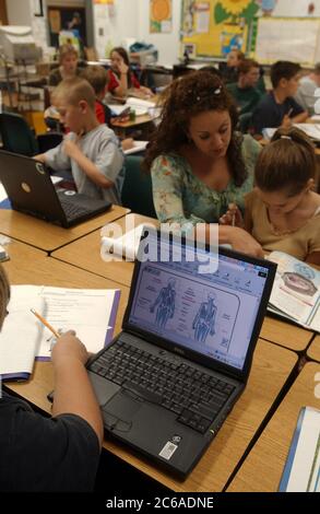 Gun Barrel City, Texas, USA, 9. September 2003: Lehrerin überwacht die Schülerinnen bei der Verwendung von Arbeitsbüchern in Papierform, während andere Schüler drahtlose Laptops in naturwissenschaftlichen Klassenräumen der 5. Klasse verwenden. ©Bob Daemmrich Stockfoto