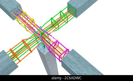 Die Grafik zeigt die korrekte Art und Weise, die Stahlstäbe von Säulen und Betonbalken auf weißem Hintergrund zu verflechten. 3D-Illustration Stockfoto