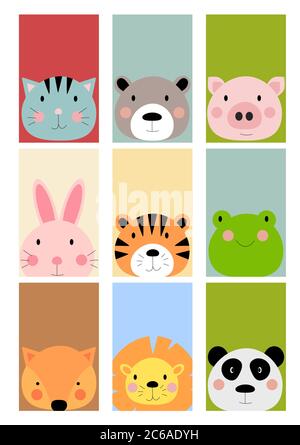 Karte mit niedlichen handgezeichneten Tieren Figuren Sammlung Set. Cartoon Zoo Tiere: hasen, Tiger, Frosch, Fuchs, Löwe, Panda, Katze, Bär, Schwein. EPS10 Stock Vektor