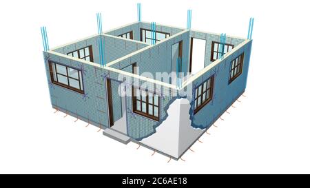 Grafik zeigt die Elemente, die verwendet werden, um die Wände mit Metallgeflecht eines kleinen einstöckigen Hauses auf weißem Hintergrund zu verstärken. 3D-Illustration Stockfoto