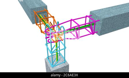 Die Grafik zeigt die korrekte Art und Weise, die Stahlstäbe von Säulen und Betonbalken auf weißem Hintergrund zu verflechten. 3D-Illustration Stockfoto