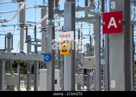 Schild mit dem Hauptbus einer dreiphasigen elektrischen Anlage im Umspannwerk. Stockfoto