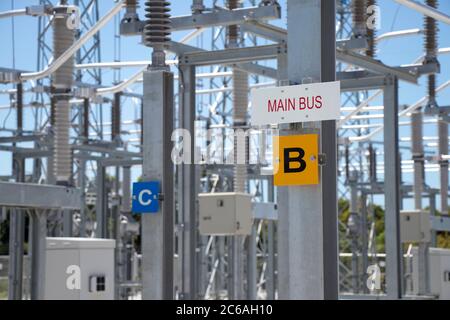 Schild mit dem Hauptbus einer dreiphasigen elektrischen Anlage im Umspannwerk. Stockfoto