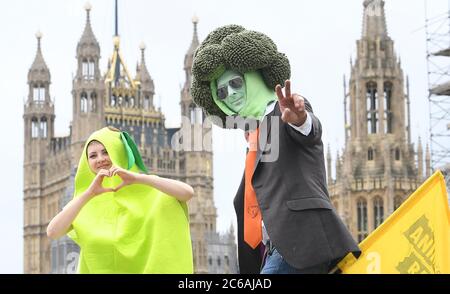 Menschen während einer von Save British Farming (SBF) organisierten Demonstration von Slow-Traktoren und landwirtschaftlichen Anhängern auf dem Parliament Square in Westminster, London, um gegen Drohungen gegen britische Lebensmittelstandards in zukünftigen Handelsabkommen zu protestieren. Stockfoto