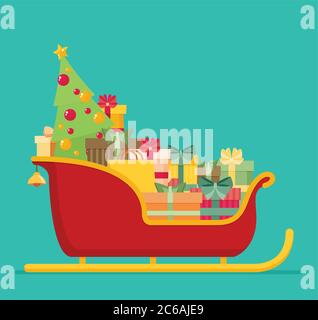 Santa sleigh mit Stapel von präsentiert. Vector Illustration Stock Vektor