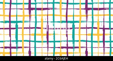 Grunge Linie Vektor nahtlose Grid-Rand. Hand gezeichnet Pinsel Strich Stil lineare Zick Kreuz lila, türkis, gelb weiß Banner. Abstrakt unregelmäßig Stock Vektor