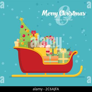 Santa sleigh mit Stapel von präsentiert. Vector Illustration Stock Vektor