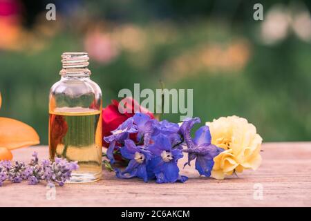 Kräuteröl-Flasche mit verschiedenen Drugplant Blumen, Holzoberfläche, Natur Hintergrund in Unschärfe. Weichfokus. Reine natürliche Schönheitspflege. Stockfoto