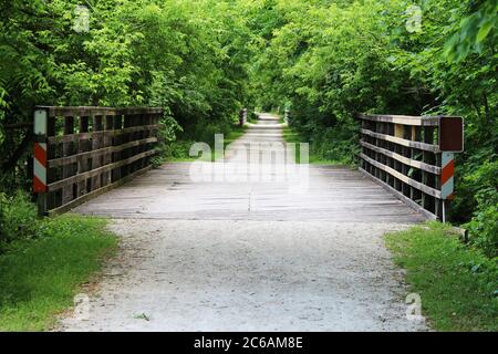 Ein unbefestigte Weg über mehrere Brücken durch die üppige ländliche Landschaft Stockfoto