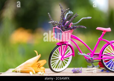 Vintage Fahrrad mit Blumen, Sommer Hintergrund mit getönten Bild. Vintage rosa Fahrrad mit Blumenkorb. Stockfoto