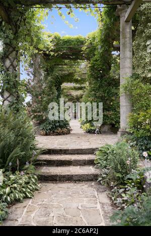 100 Meter lange Pergola in den West Dean Gardens bei Chichester in East Sussex Stockfoto