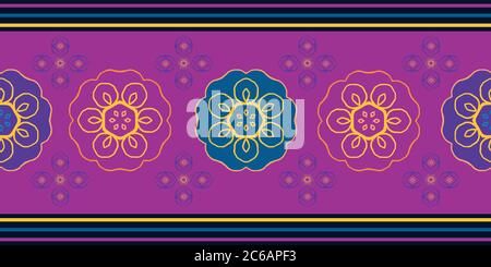 Vektor Indonesisch Batik Stil floral nahtlose Grenze. Schönes Banner mit stilisierten lila, Gold, blauen Blumen auf dunkelrosa Hintergrund mit gestreift Stock Vektor