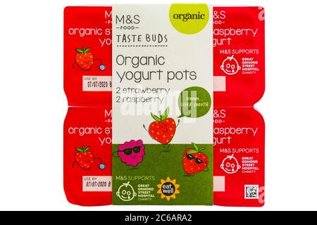 Pack von M&S Taste Knospen Bio-Joghurt Töpfe isoliert auf weißem Hintergrund - Erdbeere & Himbeere Aromen - Kinder Bio-Joghurt Auswahl Pack Stockfoto