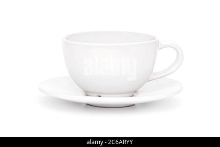 Weiße Keramik Tasse oder Tasse mit einer Schüssel isoliert auf weißem Hintergrund Stockfoto