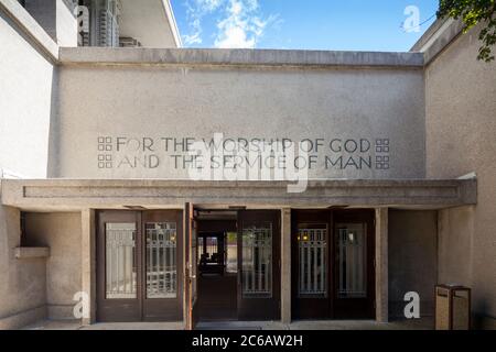 Eingang von Frank Lloyd Wright entwarf Unity Temple, Oak Park, Illinois, USA Stockfoto