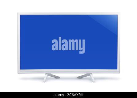 Vorderansicht des weißen Breitbild-LED-TV mit leerem blauen Bildschirm isoliert auf weiß Stockfoto