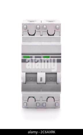 Vorderansicht des automatischen Leistungsschalters isoliert auf weiß Stockfoto