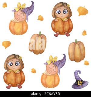 Halloween Nahtloses Muster auf weißem Hintergrund. Niedliche Illustrationen - niedliche Kinder in einem orangen Kürbis, ein Kind in einem Hut mit geschlossenen Augen, ein Stockfoto