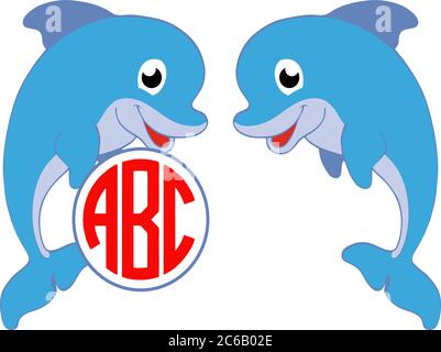 Süßer blauer Delphin. Vektor-Illustration für Schwimmbad Broschüre oder Banner. Isoliert auf weißem Hintergrund im Cartoon-Stil. monogramm. VEKTOR Stock Vektor